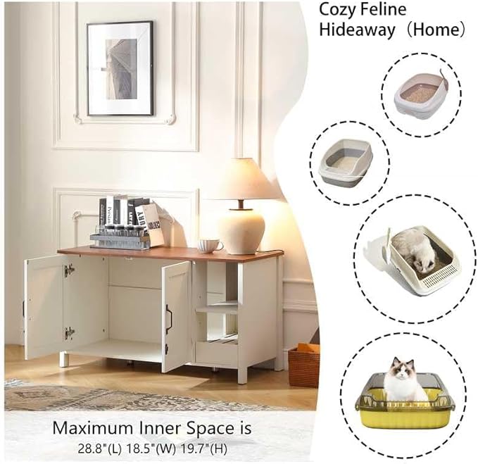 41.3'' Cat Litter Enclosure,Adjustable Shelf for Dog Proof and Storage,Locks Added for Cat, Litter Collector,Small Indoor Cat House,Antique White-PurrikoPets