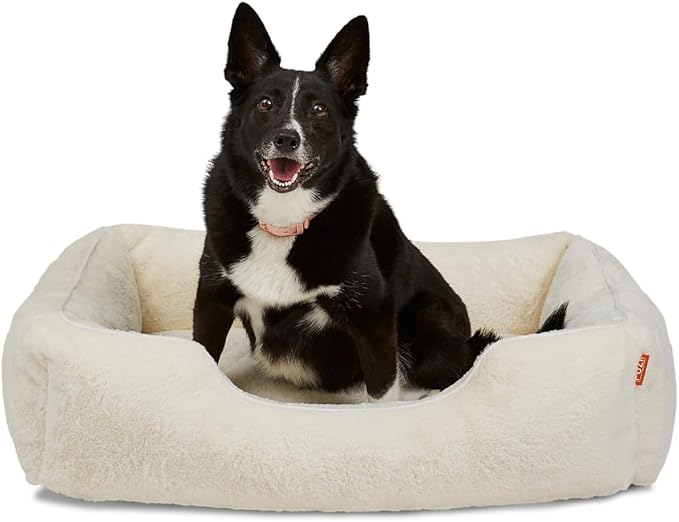 FUZI Luxury Aesthetic Dog Bed for Medium Dogs with Washable Cover, Pet Couch, Pet Bed with Sides, Non-Slip Bottom, Soft and Durable Calming Dog Bed, Faux Rabbit Fur, Medium 31.75x23.6x9.5 Soft White-PurrikoPets