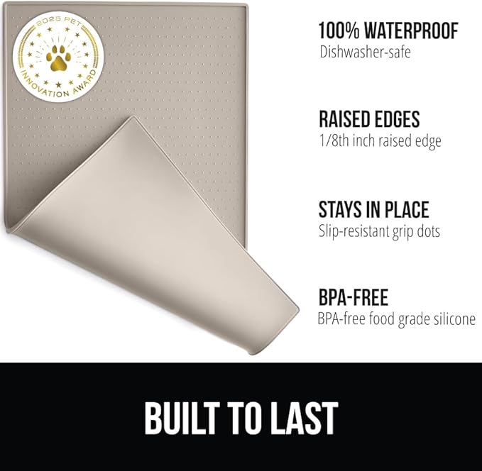 GORILLA GRIP 100% Waterproof Raised Edge BPA Free Silicone Pet Feeding Mat, Dog Cat Food Mats Contain Spills Protects Floors, Placemats for Cats and Dogs Water Bowl, Pets Accessories 28x18 Beige-PurrikoPets