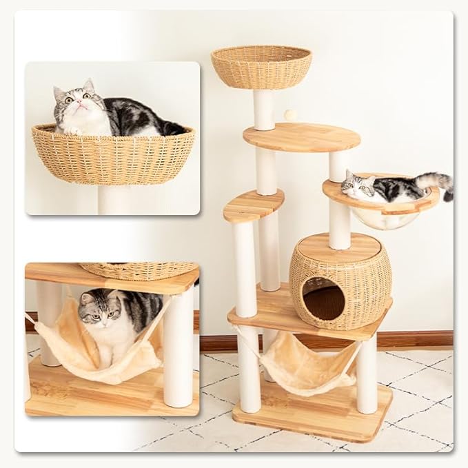 57'' Cat Tower for Large Cats, Manual Hand Woven Modern Multi-Level Condo with Natural Wood, Cat Activity Centre for Medium and Big Pets-PurrikoPets