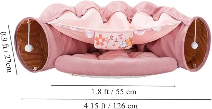 2 in 1 Cat Tunnel Bed Tube with Cushion and Plush Ball Toy Playground Crinkle Collapsible for Large Cats Kittens Kitty Puppy Small Dog Foldable Soft Pet Play Bed Indoor Outdoor- Pink Cat Tunnel Bed-PurrikoPets