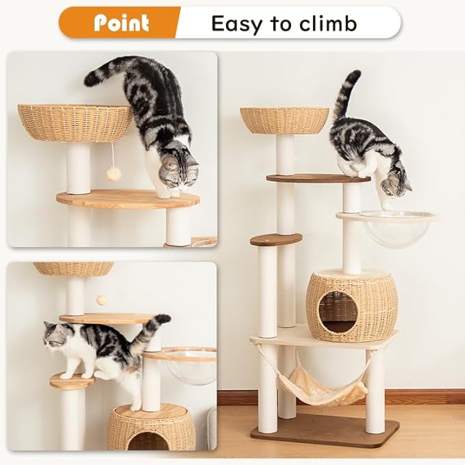 56.6in Large Wooden cat Tower for Large Multiple Cats,cat Tree with Observation Deck, Suitable for Summer and Winter 144CM (Particleboard)-PurrikoPets