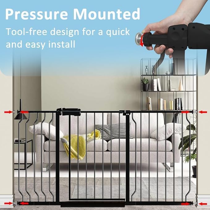 62.2"-71.65" Extra Wide Auto Closing Baby Safety Gate for Stairs & Doorways, Pressure Mounted No Drill Pet Gate with Walk-Through Door - Heavy Duty Childproof Gate for Toddlers, Kids, Dogs (Black)-PurrikoPets