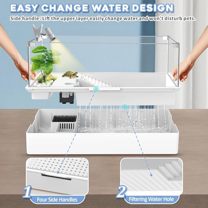 GOZILLA Large Turtle Tank Kit+Water Pump+Lamp, Acrylic Turtle Tank Starter Kit with Adjustable 5W Water Pump and Timing/Dimming Lamp, Multi-Functional Area for Small/Medium Turtles(Large-White Kit).-PurrikoPets