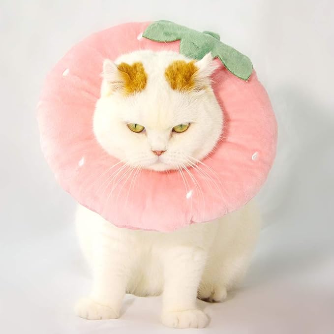 Adjustable Cat Recovery Collar Soft,Cute Pet E-Collar Neck Cone After Surgery Wound Healing Protective Cone Fit for Kitties, Small Dogs(ELC05-strawberry-s)-PurrikoPets
