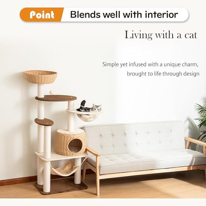 56.6in Large Wooden cat Tower for Large Multiple Cats,cat Tree with Observation Deck, Suitable for Summer and Winter 144CM (Particleboard)-PurrikoPets