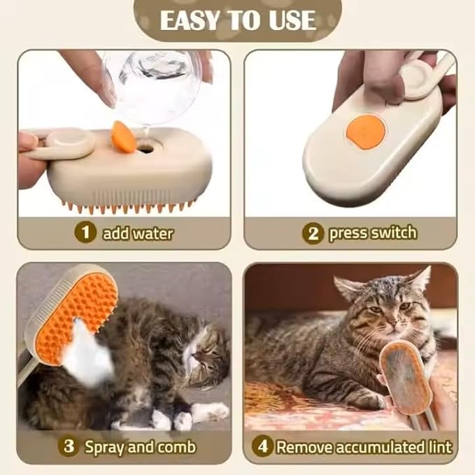 3-in-1 Steam Pet Brush for Cats & Dogs – Self-Cleaning Grooming Comb with Spray Mist, Massage & Shedding, Rechargeable USB, Anti-Static, Foldable Handle (TAN)-PurrikoPets