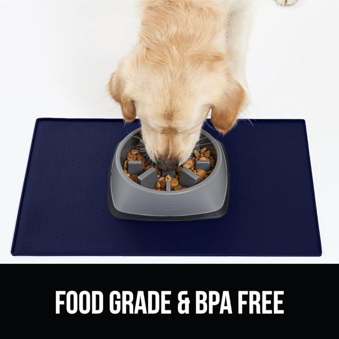 GORILLA GRIP 100% Waterproof Raised Edge BPA Free Silicone Pet Feeding Mat, Dog Cat Food Mats Contain Spills Protects Floors, Placemats for Cats and Dogs Water Bowl, Pets Accessories 28x18 Navy-PurrikoPets