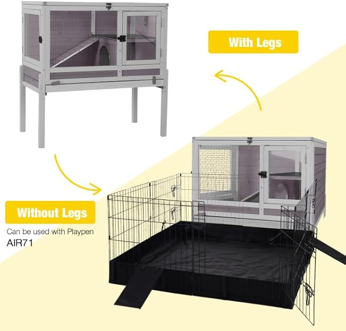 Aivituvin Wooden Guinea Pig Cages Indoor with Removable Stand, Anti Chewing Rabbit Hutch with Ramp and Wire Mesh, 2 Story Small Animals House Habitat with Pull Out Tray (Gray&Purple)-PurrikoPets