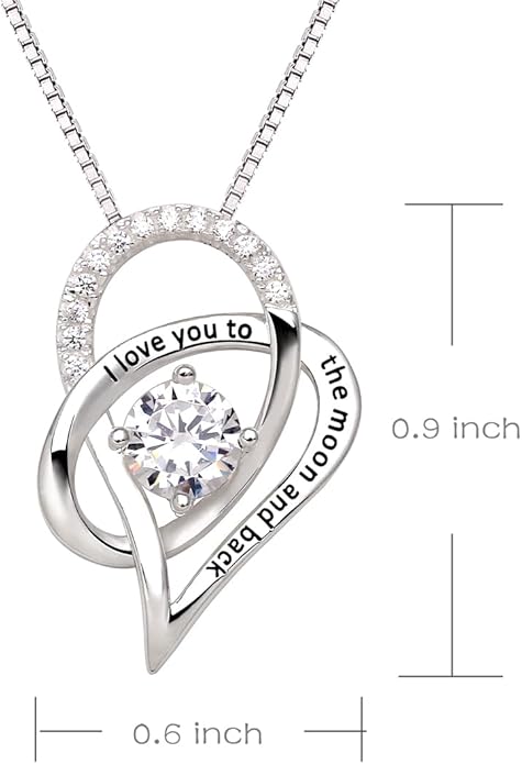ALOV Jewelry Sterling Silver "I Love You To The Moon and Back" Love Heart Cubic Zirconia Pendant Necklace