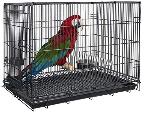 Durable Easy Portable Collapsible Metal Travel or Veterinary Collapsable Parrot Bird Carrier Beaks-Proof Easy Clean Carrier Cage with Stainless Steel Feeder Bowls Natural Wooden Perch-PurrikoPets