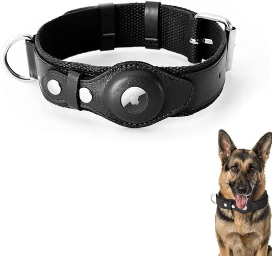 AirTag Dog Collar Soft Leather Webbing Dog Collar for AirTag Provides Double Protection for Small Medium and Large Dogs(Black,L)-PurrikoPets