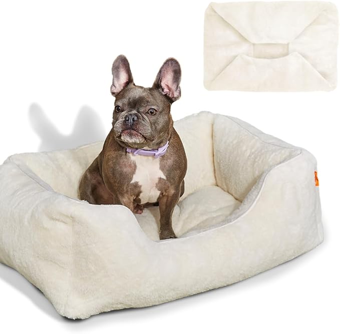 FUZI Luxury Aesthetic Dog Bed with Extra Cover for Small Dogs, Washable Pet Couch, Pet Bed with Sides, Non-Slip Bottom, Soft & Durable Calming Dog Bed, Faux Rabbit Fur, Small 25.1x16.75x9.5 Soft White-PurrikoPets