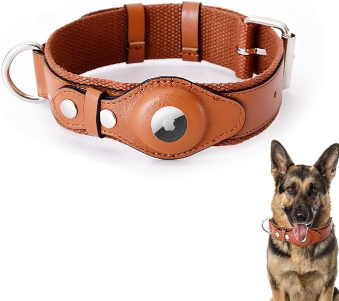 AirTag Dog Collar Soft Leather Webbing Dog Collar for AirTag Provides Double Protection for Small Medium and Large Dogs(Brown,M)-PurrikoPets