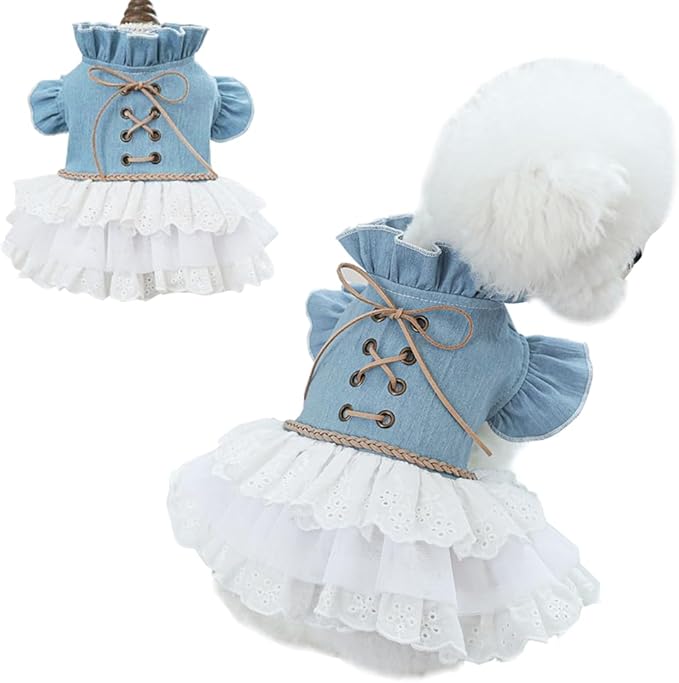 Girl Dog Denim Dress with Flared Sleeves Dog Jeans Jacket Blue White Puppy Clothes for Small Dogs Cat Apparel Cake Skirt Pet Outfit (Blue, X-Large)-PurrikoPets