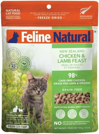 Feline Natural High Protein Dry Cat Food, Freeze-Dried Diet with 98% Meat, Organs & Seafood, No Peas, Grains, or Artificial Additives, Made in New Zealand, Chicken & Lamb, 3.5oz-PurrikoPets