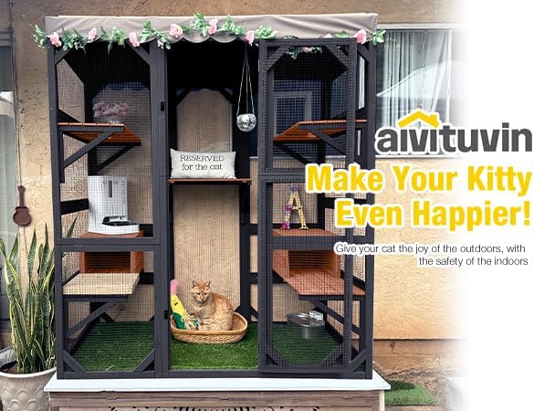 Aivituvin Catio Outdoor Cat Enclosure Large Cat House for Mulitiple Cats Walk in Kitty Cage with Tarp Roof 70" Black-PurrikoPets