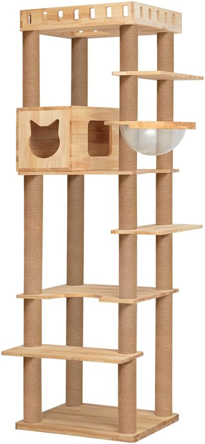 74.8" Wooden Cat Tree Tower for Large Cats, Multi-Level Cat Climbing Furniture with Scratching Posts, Cat Condo & Hammock, Natural Wood Cat Activity Center (Brown)-PurrikoPets