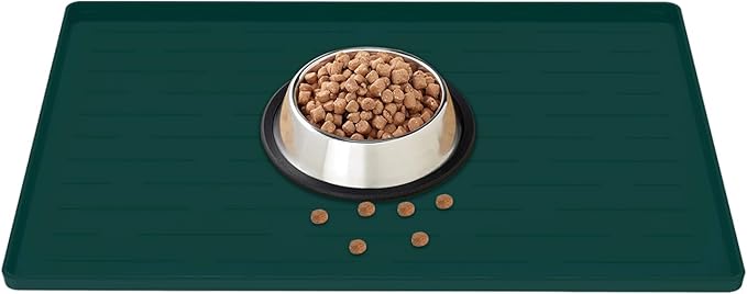 18" x 12" Dog Food Mat, Silicone Pet Mats for Food and Water, Nonslip Pet Feeding Mats for Floors, Dog Cat Bowl Mat with Raised Edges, Dark Green-PurrikoPets