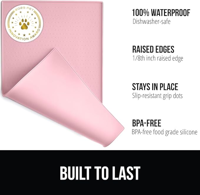 GORILLA GRIP 100% Waterproof Raised Edge BPA Free Silicone Pet Feeding Mat, Dog Cat Food Mats Contain Spills Protects Floors, Placemats for Cats and Dogs Water Bowl, Pets Accessories 16x10, Pink-PurrikoPets