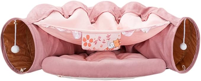 2 in 1 Cat Tunnel Bed Tube with Cushion and Plush Ball Toy Playground Crinkle Collapsible for Large Cats Kittens Kitty Puppy Small Dog Foldable Soft Pet Play Bed Indoor Outdoor- Pink Cat Tunnel Bed-PurrikoPets