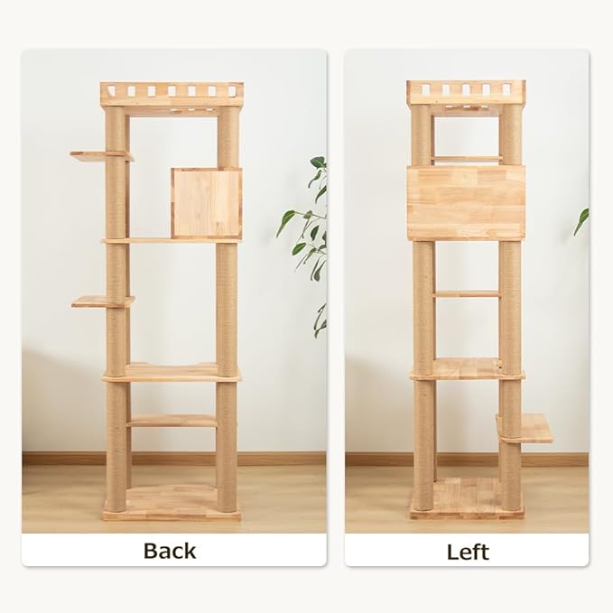 74" Wooden Cat Tree Tower for Large Cats, Multi-Level Cat Climbing Furniture with Scratching Posts, Cat Condo & Hammock, Natural Wood Cat Activity Center(Brown)-PurrikoPets