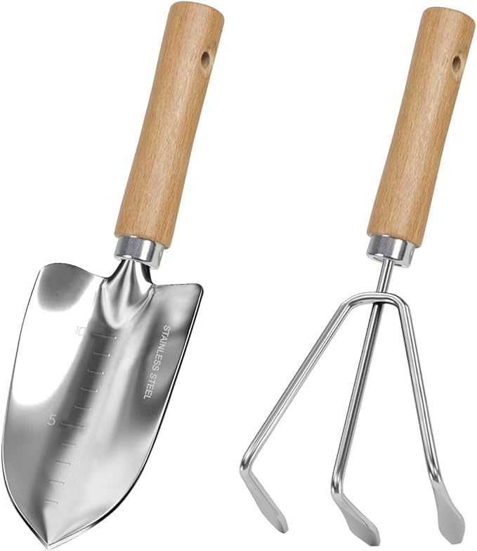 Garden Tool Set, 2 Pieces Stainless Steel Heavy Duty Garden Tools, Gardening Kit with Wooden Handle Garden Hand Tools, Durable Garden Tools for Gardening, Gardening Gifts for Women Men-PurrikoPets
