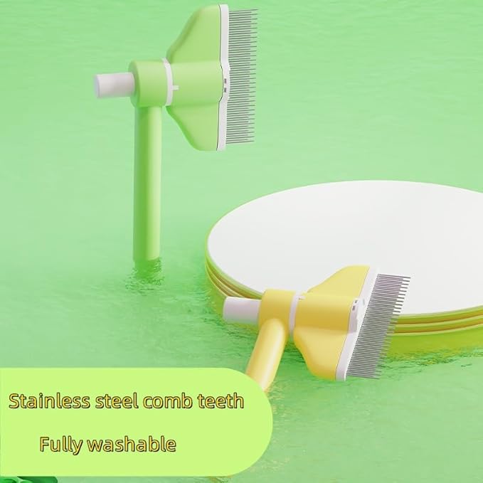 360° Press and Rotate Flea Comb for Cats and Dogs - Self-Cleaning Pet Hair Removal Tool with Release Button & Long-Short Stainless Steel Teeth for Shedding (Green and Yellow)-PurrikoPets