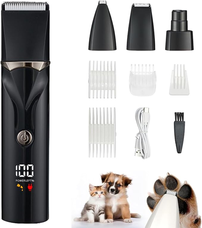 Dog Grooming Kit with LCD Display, 4 in 1 Dog Hair Trimmer for Paw Nail Grinder, Rechargeable Cordless Pet Cat Clippers, Professional Pet Paw Trimmer Nail Grinder Low Noise. Black-PurrikoPets
