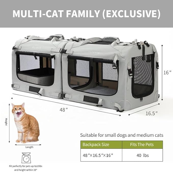 Extra Large Cat Carrier Soft Sided, Portable Small Dog Carrier for 2 Cats, 24"x16.5"x16" Car Travel Folding Comfortable Design with Litter Box and Bowls, Grey-2+ Litter Box+ Bowl*2-PurrikoPets