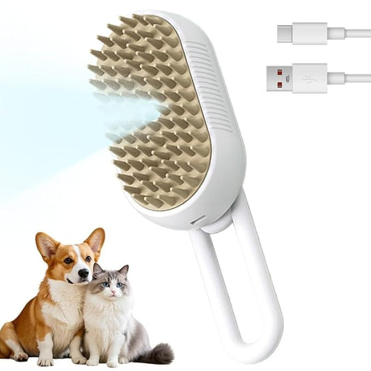 3-In-1 Rechargeable Steamy Cat Brush, Deep Cleaning & Hair Removal System with Rotating Handle, 360° Massage for Cats & Dogs (White)-PurrikoPets