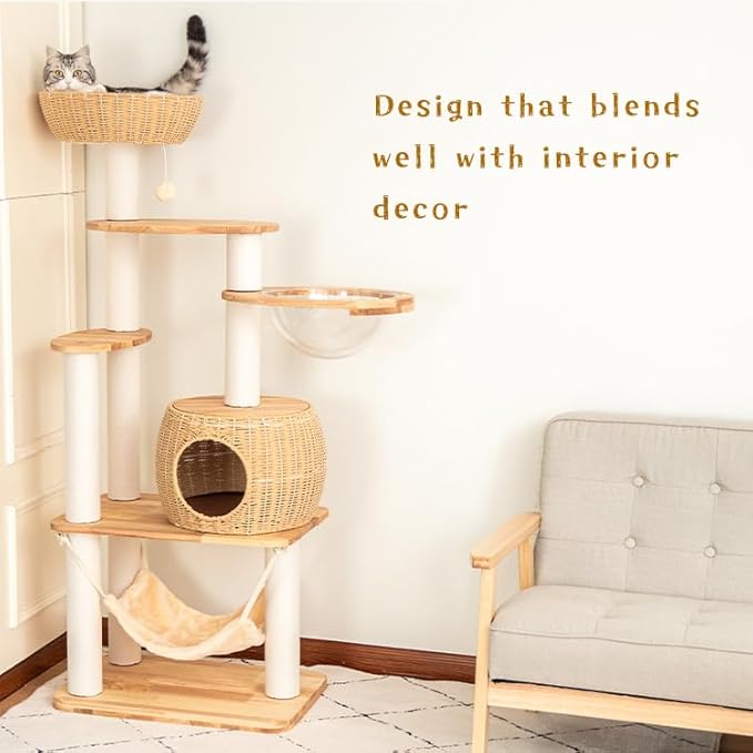 57'' Cat Tower for Large Cats, Manual Hand Woven Modern Multi-Level Condo with Natural Wood, Cat Activity Centre for Medium and Big Pets-PurrikoPets