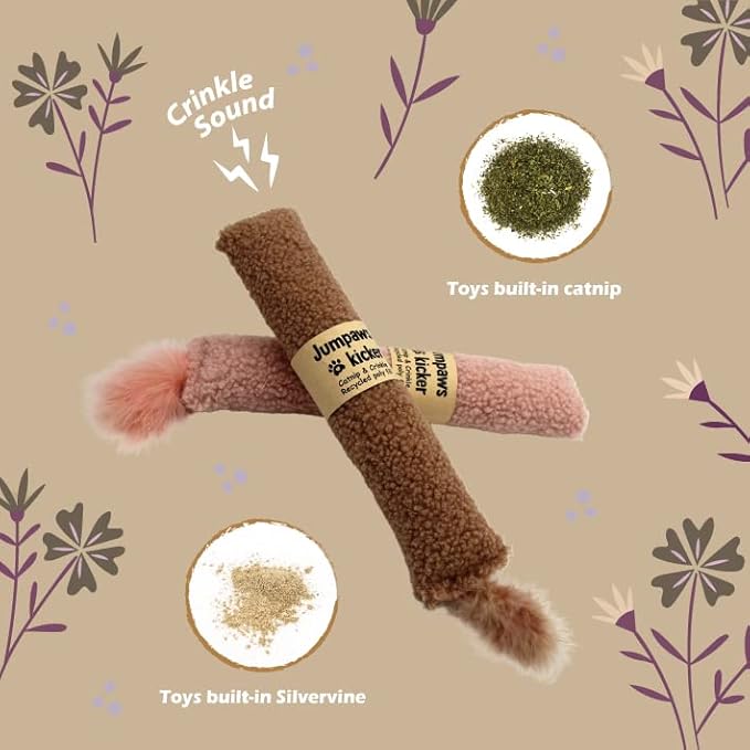 2 Pack Natural Interactive Catnip & Silvervine Cat Kicker with Tail, Bite Resistant Chew Toy, Crinkle Kicker, Accessories for Indoor Cat, Sherpa Material-PurrikoPets
