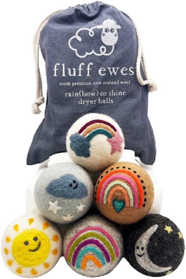 Fluff Ewes Wool Dryer Balls 6 Pack Premium New Zealand Wool Laundry Balls for Dryer, No Static Dryer Balls Laundry Reusable, XL Wool Dryer Balls Cute, Baby Dryer Balls for Dryers - Rainbow or Shine-PurrikoPets