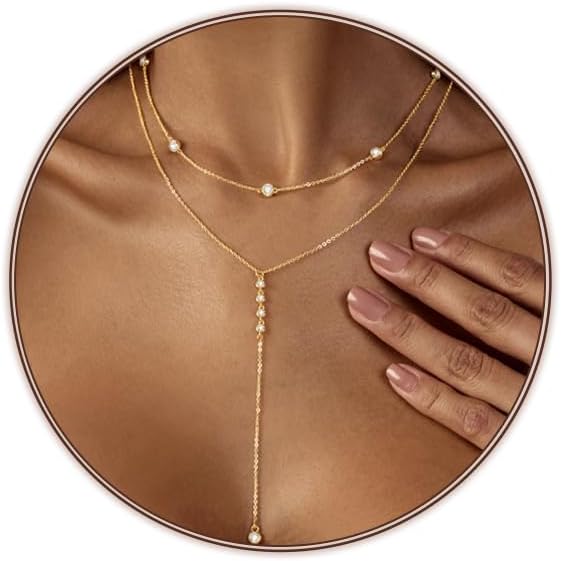 Lariat Silver/Gold Necklace for Women 925 Silver/14K Gold Plated Dainty Long Necklace Y-Shaped Drop Pendant Necklaces Choker Trendy Chain Simple Layered Necklaces CZ Jewelry for Women Set Gift