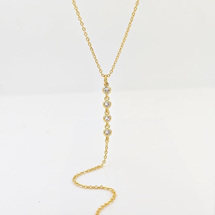 Lariat Silver/Gold Necklace for Women 925 Silver/14K Gold Plated Dainty Long Necklace Y-Shaped Drop Pendant Necklaces Choker Trendy Chain Simple Layered Necklaces CZ Jewelry for Women Set Gift