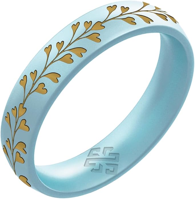 Knot Theory Gold Heart Vine Silicone Ring for Women - Baby Blue, Cosmic Purple, Dark Silver, Lavender, Pink, RoseGold, White Breathable Comfort Fit 6mm Bandwidth