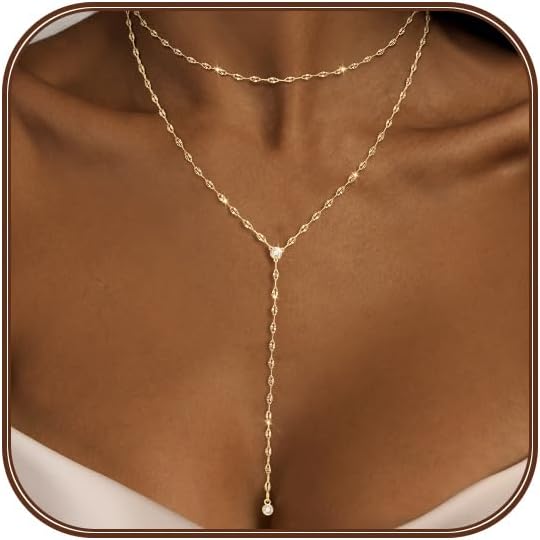 Lariat Silver/Gold Necklace for Women 925 Silver/14K Gold Plated Dainty Long Necklace Y-Shaped Drop Pendant Necklaces Choker Trendy Chain Simple Layered Necklaces CZ Jewelry for Women Set Gift