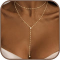 Lariat Silver/Gold Necklace for Women 925 Silver/14K Gold Plated Dainty Long Necklace Y-Shaped Drop Pendant Necklaces Choker Trendy Chain Simple Layered Necklaces CZ Jewelry for Women Set Gift