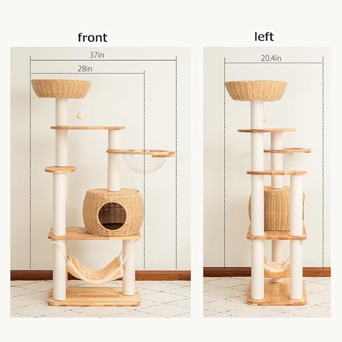 57'' Cat Tower for Large Cats, Manual Hand Woven Modern Multi-Level Condo with Natural Wood, Cat Activity Centre for Medium and Big Pets-PurrikoPets