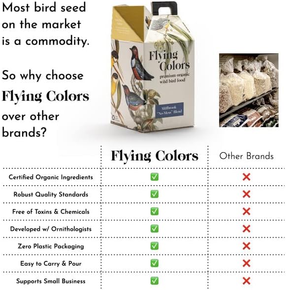 Flying Colors Premium Organic Wild Bird Seed | Black Oil Sunflower Seed | USDA Organic Ingredients | Best Seed for Backyard Bird Feeders | 3 Gallon Easy-Pour Carton-PurrikoPets