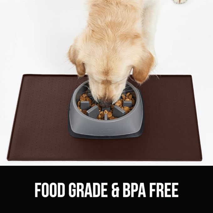 GORILLA GRIP 100% Waterproof Raised Edge BPA Free Silicone Pet Feeding Mat, Dog Cat Food Mats Contain Spills Protects Floors, Placemats for Cats and Dogs Water Bowl, Pets Accessories 16x10, Brown-PurrikoPets