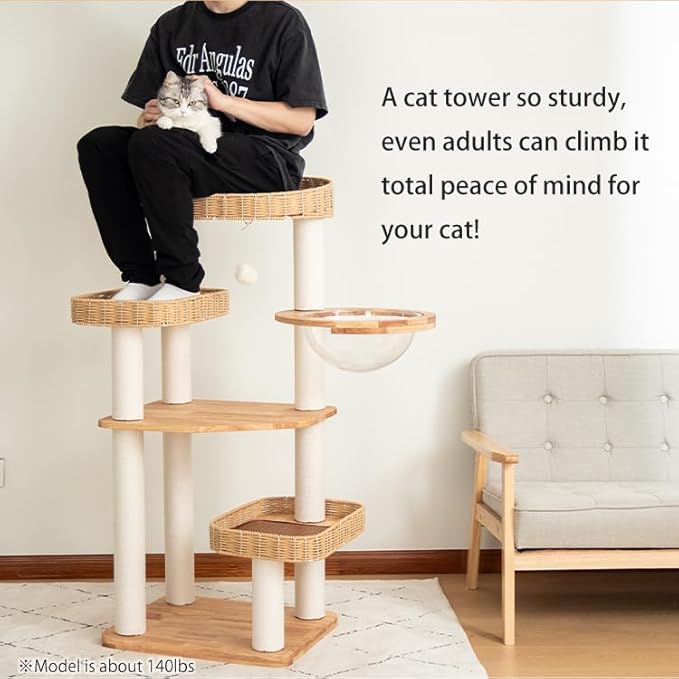 48'' Cat Tree for Large Cats, Modern Cat Tree Multi-Level Condo with Natural Wood, Cat Activity Centre for Medium and Big Pets (White LS02)-PurrikoPets