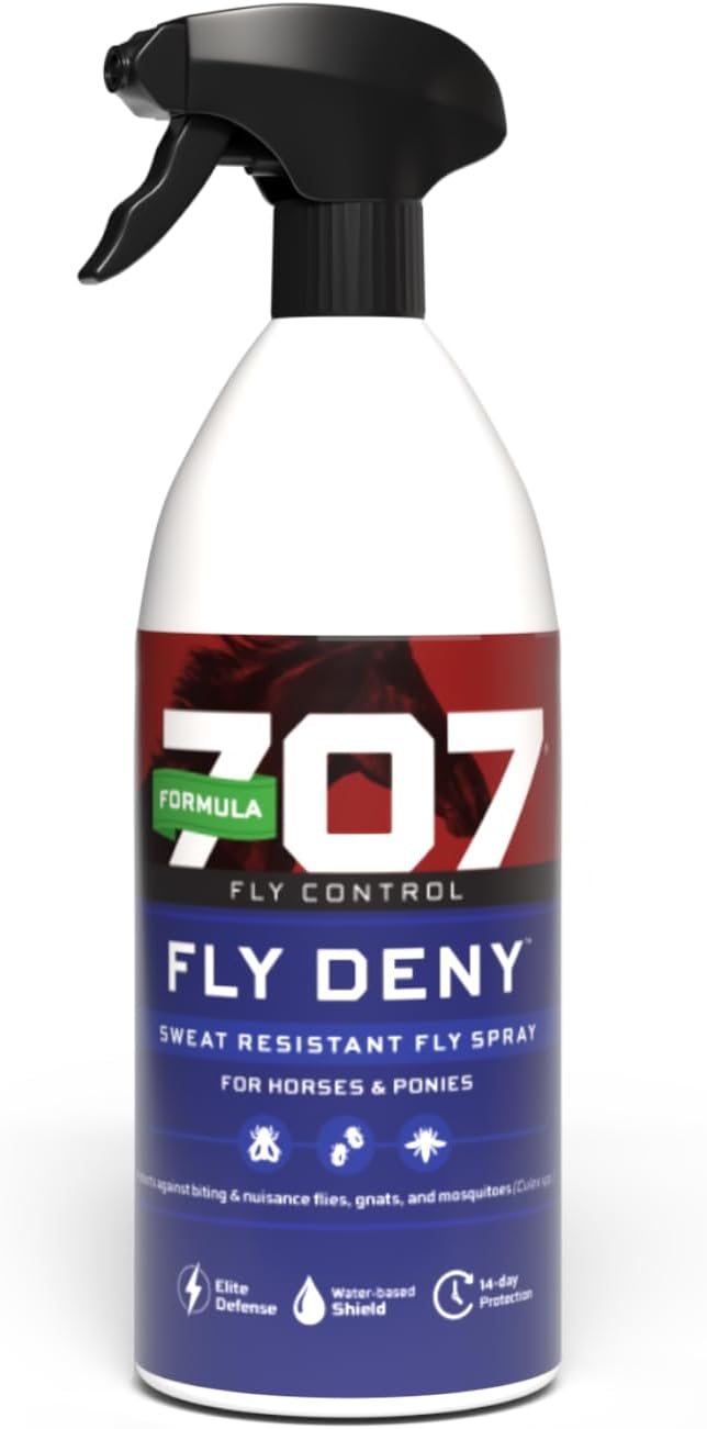 Formula 707 Fly Deny Spray for Horses & Ponies, Sweat-Resistant 14-Day Protection from Flies, Gnats & Mosquitoes, Repels and Kills, 32 Oz-PurrikoPets
