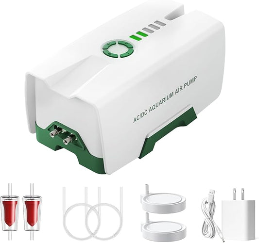 Ghosthorn Quiet AC/DC Aquarium Air Pump 12000mAh Battery Powered Aquarium Bubbler with 87 Hours Battery Life 2-Outlet Rechargeable Bait Aerator Adjustable Oxygen Pump, Power Outages and Emergency-PurrikoPets