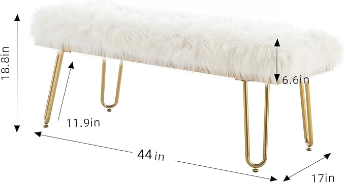 42.5Inch White Bedroom Bench, Benches for Bedroom White Faux Fur Upholstered Bed end Bench, Tufting Bench Indoor Bench with Metal Legs for Living Room Bedroom Dining Room Entryway-PurrikoPets