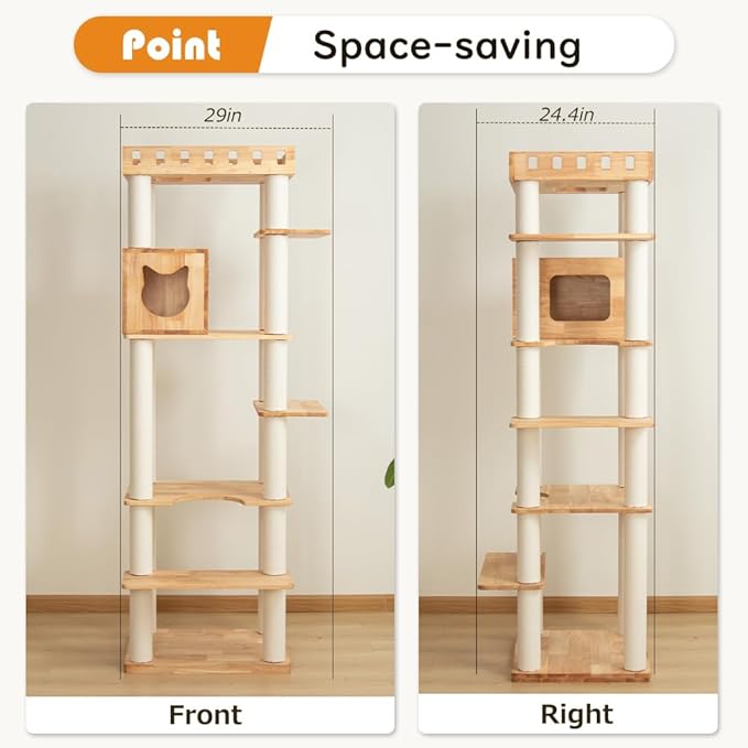 74" Wooden Cat Tree Tower for Large Cats, Multi-Level Cat Climbing Furniture with Scratching Posts, Cat Condo & Hammock, Natural Wood Cat Activity Center (White)-PurrikoPets