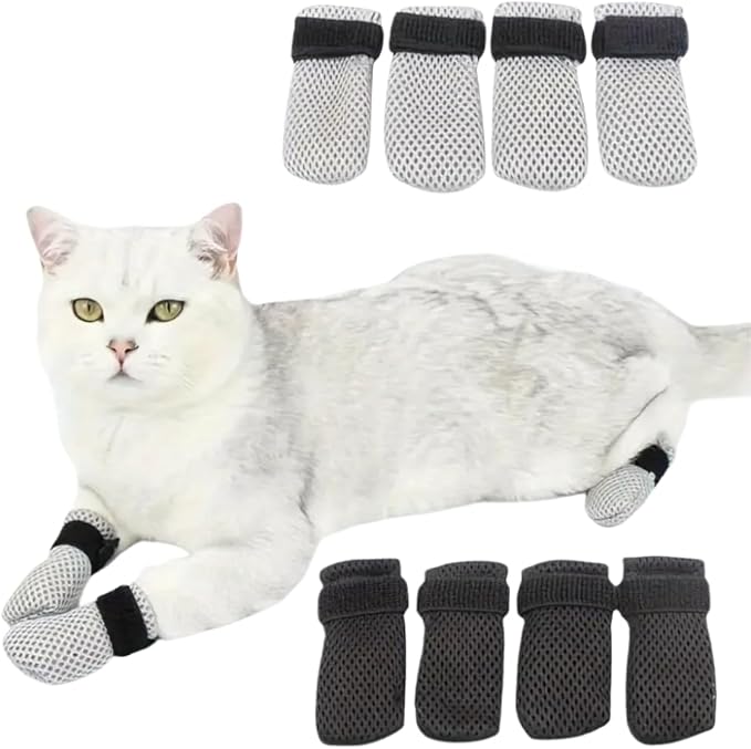 8 Pack Cat Mittens to Prevent Scratching, Adjustable Breathable Mesh Cat Booties & Claw Covers - Anti Scratch Gloves for Bathing, Nail Trimming - 4 Black & 4 Grey, Paw Inner Diameter up to 1.57 Inches-PurrikoPets