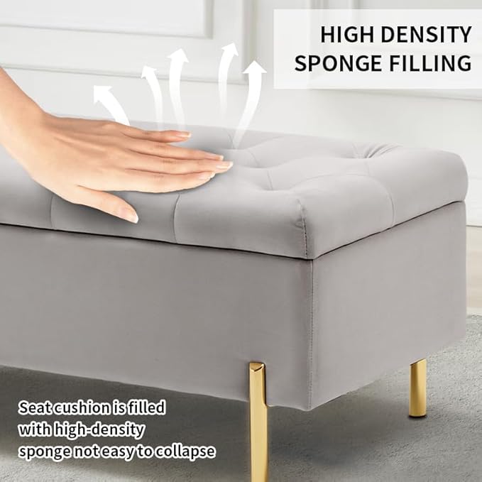 45.6 Inch Velvet Storage Bench, Tufted Upholstered Ottoman with Storage, Bedroom Living Room Entryway Rectangular Accent Bench, Grey-PurrikoPets