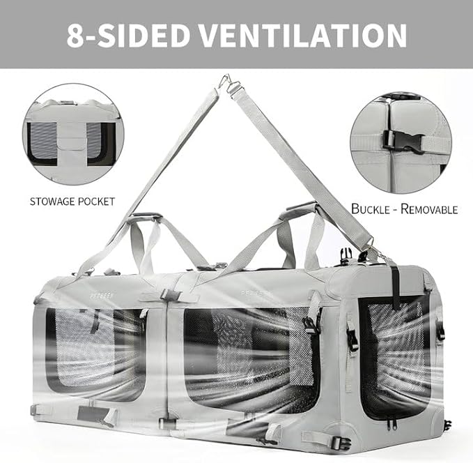 Extra Large Cat Carrier Soft Sided, Portable Small Dog Carrier for 2 Cats, 24"x16.5"x16" Car Travel Folding Comfortable Design with Litter Box and Bowls, Grey-2+ Litter Box+ Bowl*2-PurrikoPets